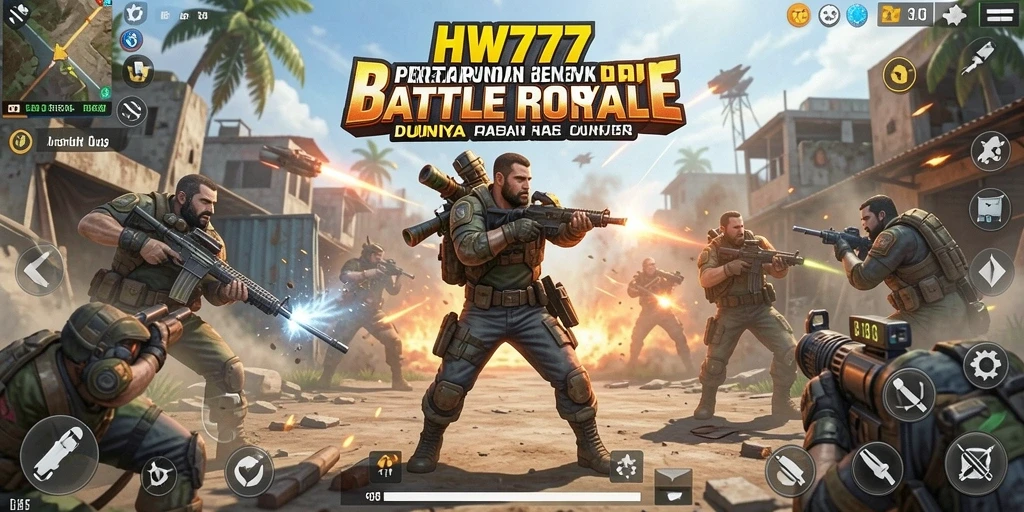 Screenshot utama HW777 menampilkan pertarungan Battle Royale yang mendebarkan.