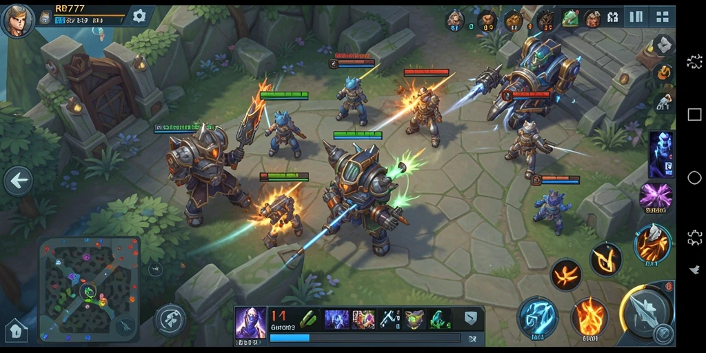 Screenshot gameplay RR777 menampilkan aksi pertempuran yang intens dan strategi SLG.