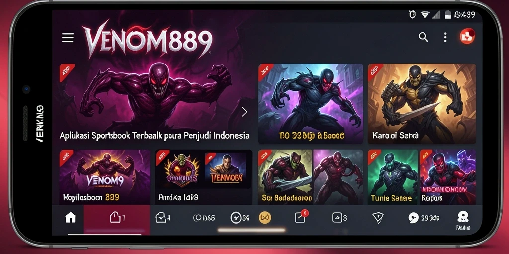Screenshot VENOM889 menunjukkan antarmuka intuitif aplikasi Sportsbook.