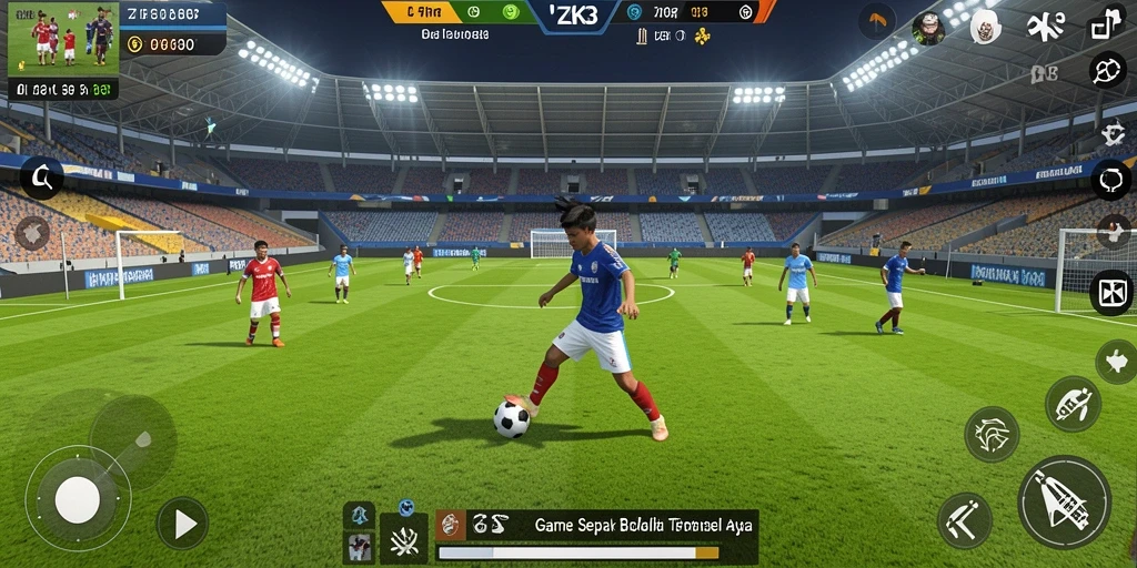 Screenshot gameplay ZK3 dengan aksi pertandingan sepak bola yang mendebarkan.